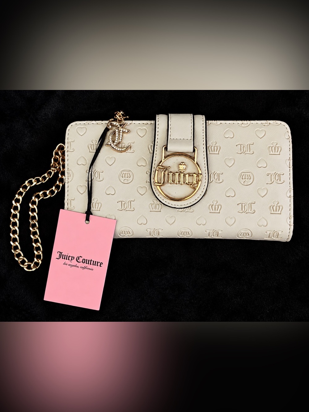 Juicy Couture Ivory Embossed Logo Wallet with Gold Hardware/Chain